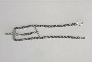 Antique Sterling Silver Heavy Albert Watch Chain With T Bar And Slide 55 Grams