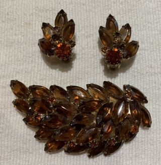 Large Vintage Brown Rhinestone Weiss Pin And Earring Set