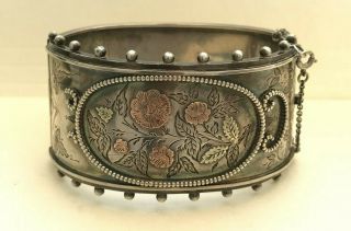 Antique Victorian Aesthetic Period English Sterling Silver Gold Bangle Bracelet