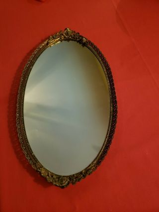 Vintage Oval Gold Tone Metal Mirrored Vanity Tray With Roses 16 " X 9 "