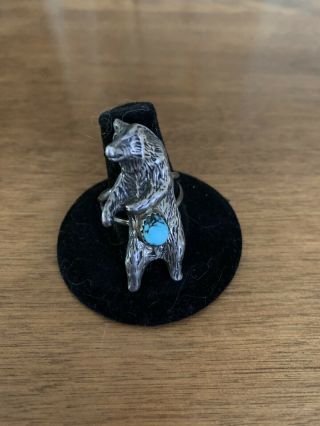 Vintage Silver W/turquoise Kodiak Or Grizzly Bear Ring Sz 11 - N/r