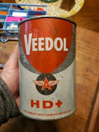Vintage Veedol Hd,  Motor Oil Can 1 Qt Tin Metal Flying A
