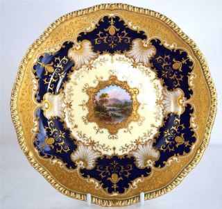Bc Antique Coalport Porcelain Cabinet Plate Scottish Scene Gold Cobalt Blue