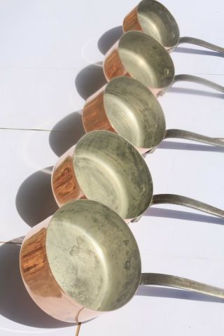 Heavy Antique French Copper Pan Saucepan Set 5 Tin Lined Hammered Rivets 9.  3lbs
