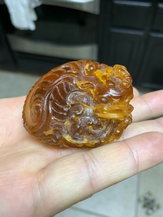 Antique Estate Old Chinese Qing 18th Amber Figure Lion Asian China