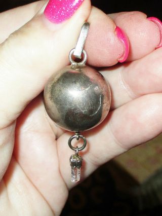 Vintage 925 Sterling Silver Round Ball Chime Bell W/ Dangling Crystal Pendant