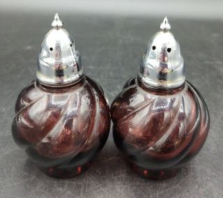 Vintage Swirled Plum Purple Glass Salt And Pepper Shakers Silver Twist Caps