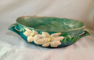 Vintage Roseville Pottery Usa Blue Floral Magnolia Bowl Console Early Piece