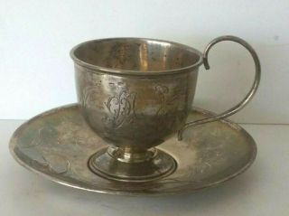Set Cup Saucer Silver 84 Russian Imperial Antique Engraving Xix Century