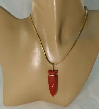 Estate Vintage Red Carved Coral Stone Arrowhead Pendant Gold Filled Plated Chain
