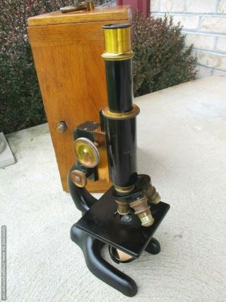 Antique Bausch & Lomb Microscope With Wooden Dovetail Case Pat,  1915