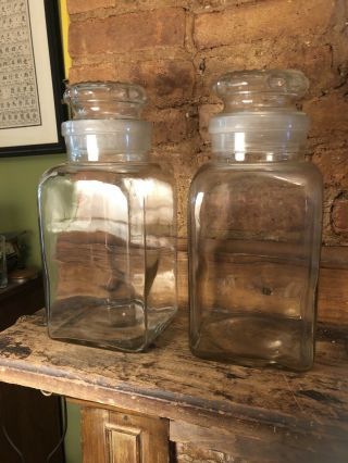 2 Large 13 1/2” Vtg Dakota? Clear Glass Canister Apothecary Candy Jar Ground Lid