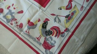 Vintage Cotton TABLECLOTH Chickens and Eggs,  Red,  Yellow,  Gray,  Black 46x48 2