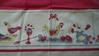 Vintage Cotton TABLECLOTH Chickens and Eggs,  Red,  Yellow,  Gray,  Black 46x48 3