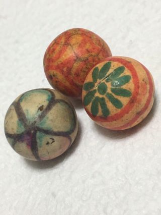 3 Vintage Antique Hand Made Painted Porcelain Clay Marbles