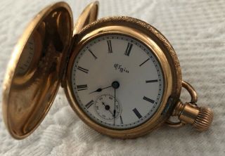 Antique Elgin.  14k Filled Gold Pocket Watch Ladies Pendant Hunter Case 1897 Runs