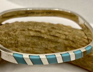 Vintage Sterling Silver Taxco Turquoise Inlay Bangle Cuff Bracelet Heavy 35.  6g