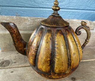 Vintage Metal Halloween Pumpkin Teapot W/ Fall Decor Lady Figure Handle