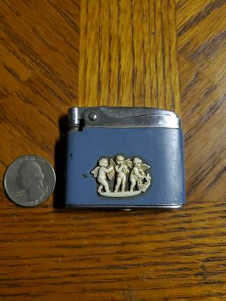 Vintage Ronson Adonis Flat Cigarette Lighter Baby Blue With 3 Angels