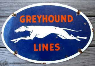 Greyhound Lines Vintage Porcelain Enamel Gas Oil Bus Depot Transportation Sign