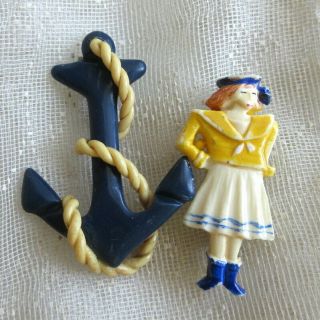 2pc Vintage Celluloid Nautical Pin Set Sailor Girl & Anchor