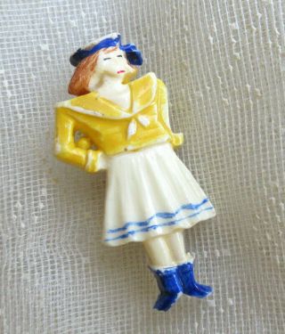 2Pc Vintage Celluloid NAUTICAL PIN SET Sailor Girl & Anchor 3
