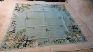 Vintage Linen Tablecloth Turquoise,  Black,  Shades Of Olive Green Floral,  50 " X50 "