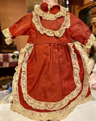 612 Gorgeous Fancy Red Antique Cotton Dress For Small Antique Or Early Doll