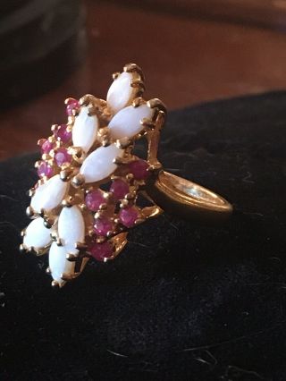 Vintage 925 Sterling Silver Gold Vermeil Opal & Ruby Cocktail Ring Size,  7,  6.  3g