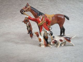 Vienna Bronze Fox Hunter,  Holding Fox,  By Side Of Horse,  W/3 Hounds