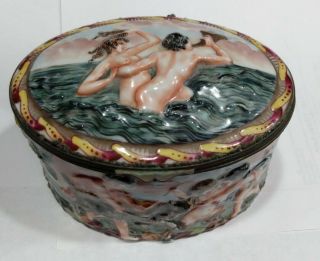 Antique Capodimonte Porcelain Trinket Box Made In France ”n With Crown " Mark