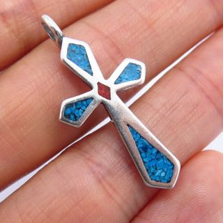 Vintage Old Pawn Sterling Silver Coral Turquoise Gem Inlay Tribal Cross Pendant
