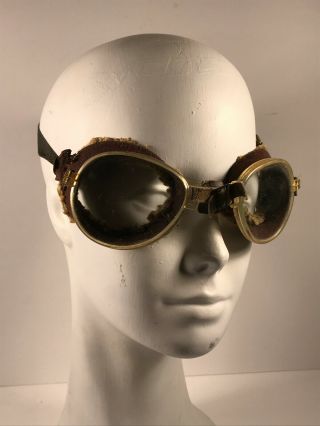 Antique Vtg Motorcycle Car Aviation Goggles W/ Wool Cycle Glasses