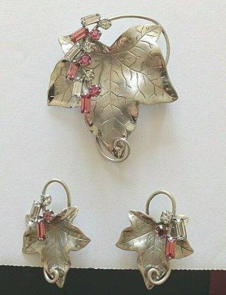 Vintage Carl Art Sterling Silver & Rhinestone Leaf Pin Brooch & Earring Set