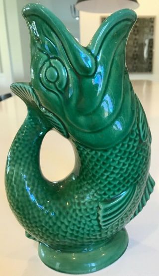 Vintage Dartmouth Pottery Devon England Green Gurgling Fish Pitcher Vase Jug