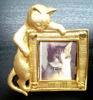 Stunning Vintage Estate Signed Jj Gold Tone Cat Picture Frame 2 " Brooch 6241n