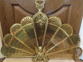 Vintage Antique Ornate Brass Peacock Griffin Fireplace Fan Folding Screen