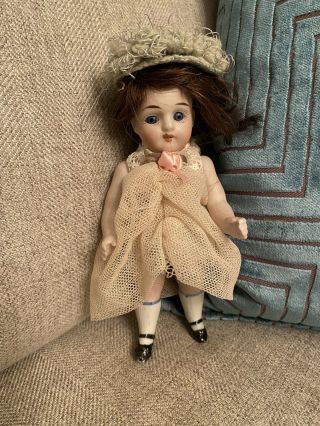 Large And Pretty Antique All Bisque German Doll 6.  5” Blue Glass Eyes