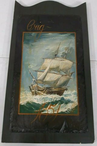 Antique Rare Crig 1854 Ship Scene Oil On Slate Painting Framed On Wood Man Cave