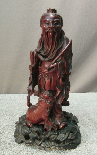 Antique Chinese Daoshi & Foo Dog Statue (hand - Carved Rosewood Man Figurine)