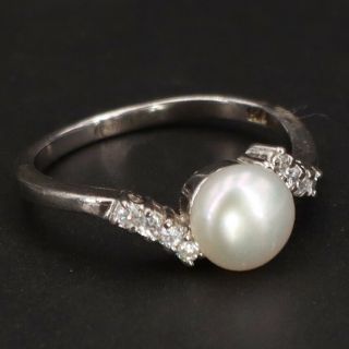 Vtg Sterling Silver - Freshwater Pearl & Cz Cubic Zirconia Ring Size 7 - 2g