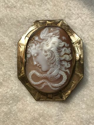 Antique Art Deco Medusa Hand Carved Shell Cameo Brooch Pin