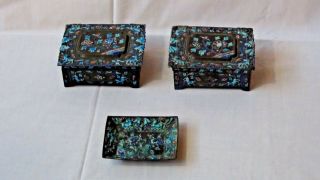 Antique Chinese Relief Enamel On Brass 3 Piece Set:tray&2 Boxes Turquoise&purple