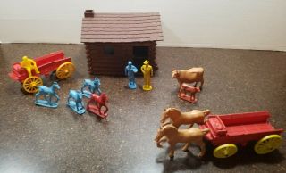 Vintage Auburn Rubber Farm Figures,  Frontier Playset Cabin,  2 Wagons,  Animals