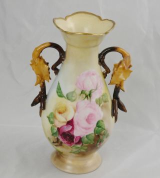 Antique Elite Limoges Hand Painted Rose Vase With Leaf Handles 10 - 1/4 " France