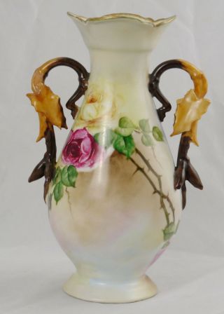 Antique Elite Limoges Hand Painted Rose Vase with Leaf Handles 10 - 1/4 