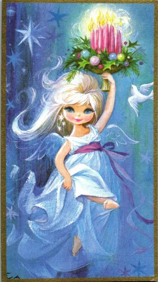 Big Eye Hair Pretty Angel Girl Lady Kid Blue Candle Vtg Christmas Greeting Card