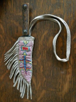 1890s Antique Native American Sioux Indian Beaded Hide Knife Sheath And Knife
