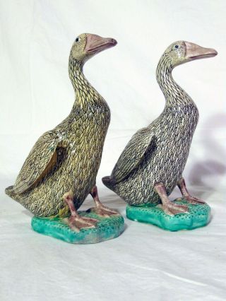 Pair Antique Chinese Pottery Porcelain Duck Goose Figures Roof Tiles
