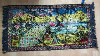 Vintage Velveteen Tapestry Wall Hanging Rug - Peacock - 36 X 19 Swan Textile Fabric